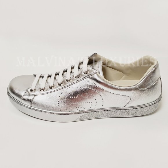 GUCCI SNEAKERS NEW ACE SILVER LEATHER INTERLOCKING G LOGO SHOES 7.5G 8 US - Picture 3 of 14